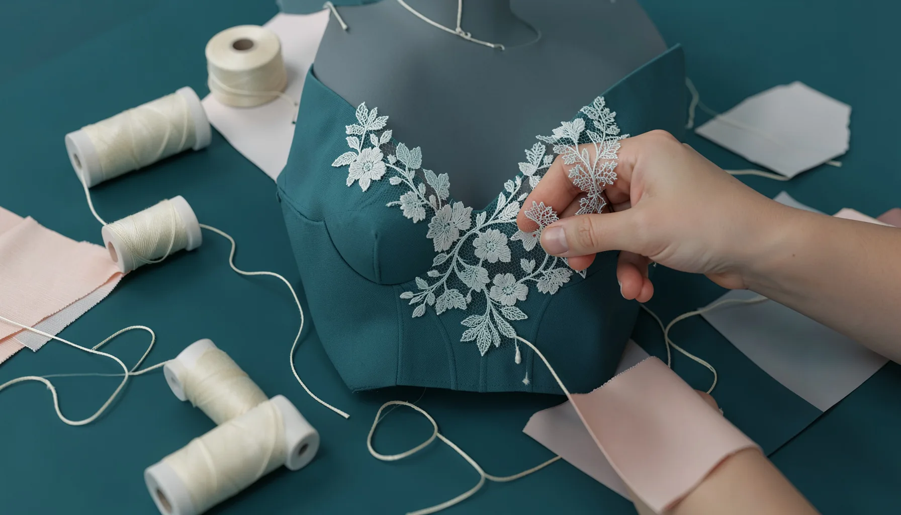 Hands carefully pinning delicate floral lace onto a bodice form, surrounded by spools of ivory thread and soft blush fabric swatches.
