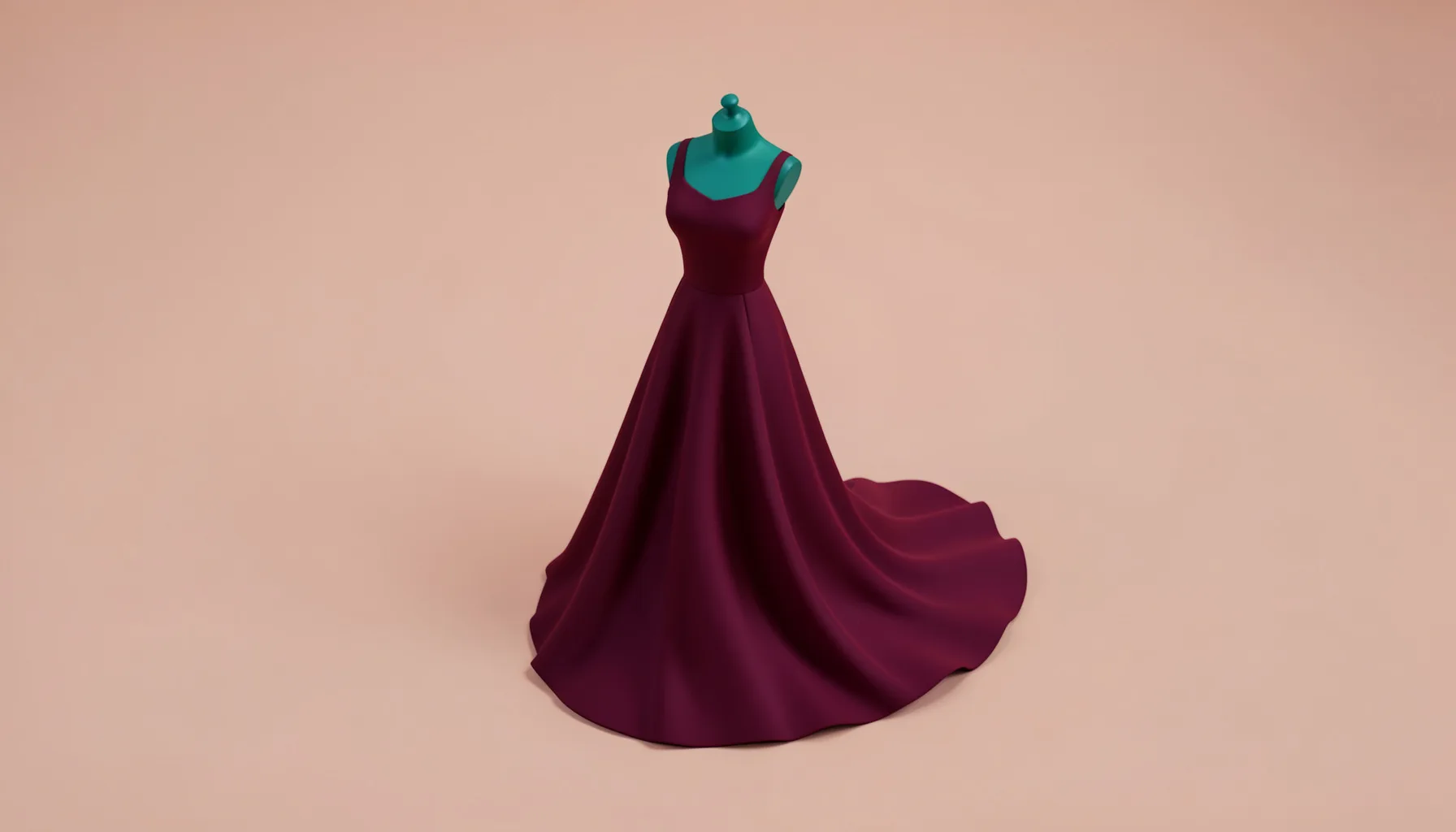 A softly lit isometric 3D render of a flowing formal gown in deep burgundy with a sweeping train, displayed on a minimalist dress form against a warm blush backdrop.