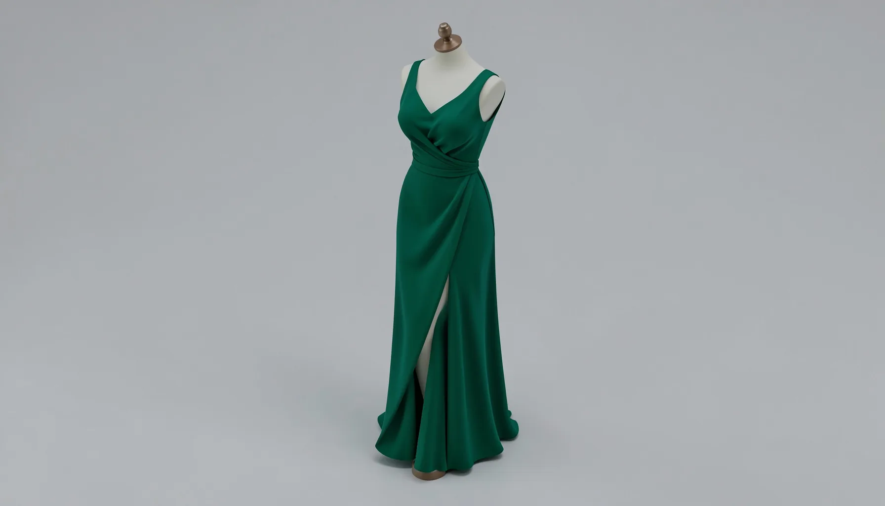 Isometric 3D render of a sleek emerald green evening gown with a thigh-high slit and delicate draped bodice, shown on a dress form in a softly lit studio setting.
