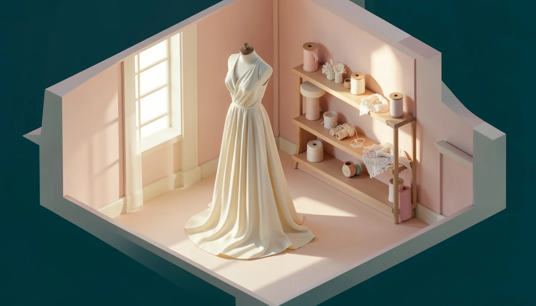 An isometric 3D render of a serene couture atelier interior in soft blush and cream tones, with a dress form draped in flowing ivory fabric, spools of lace on a wooden shelf, and warm filtered light through tall windows.