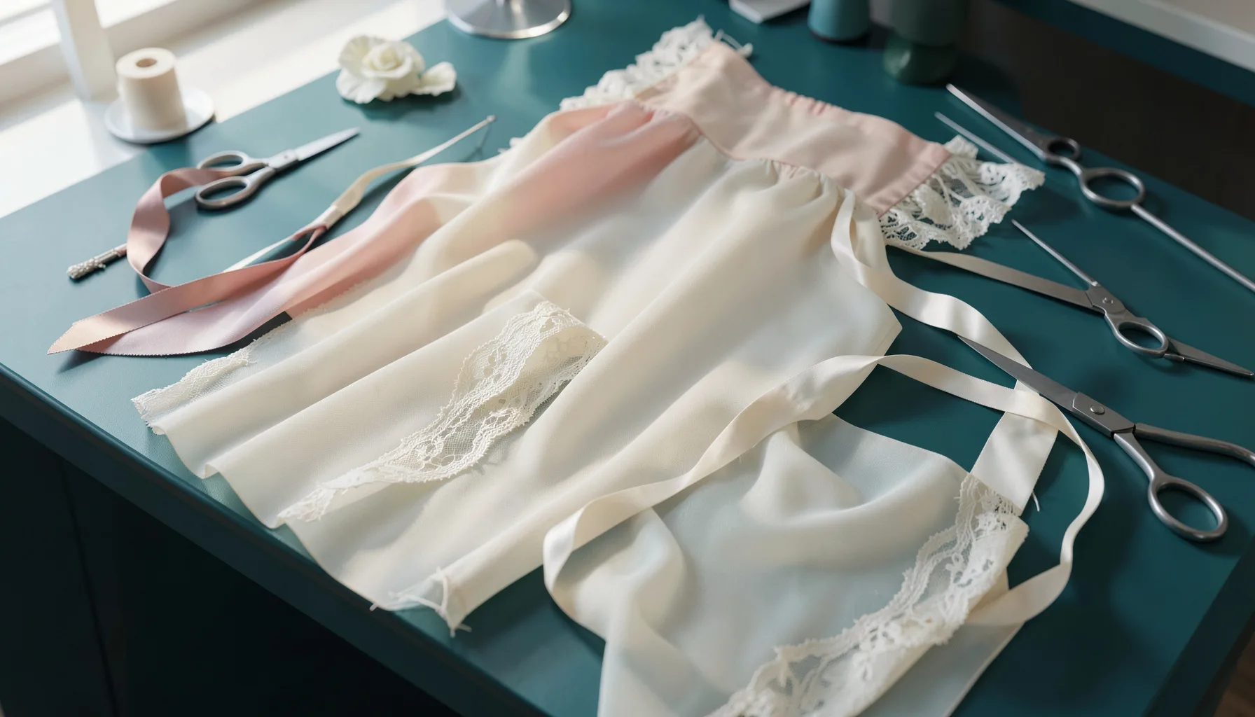 Soft blush and ivory tulle draping across a sunlit couture worktable, with delicate lace and silk ribbons scattered among dressmaker tools.