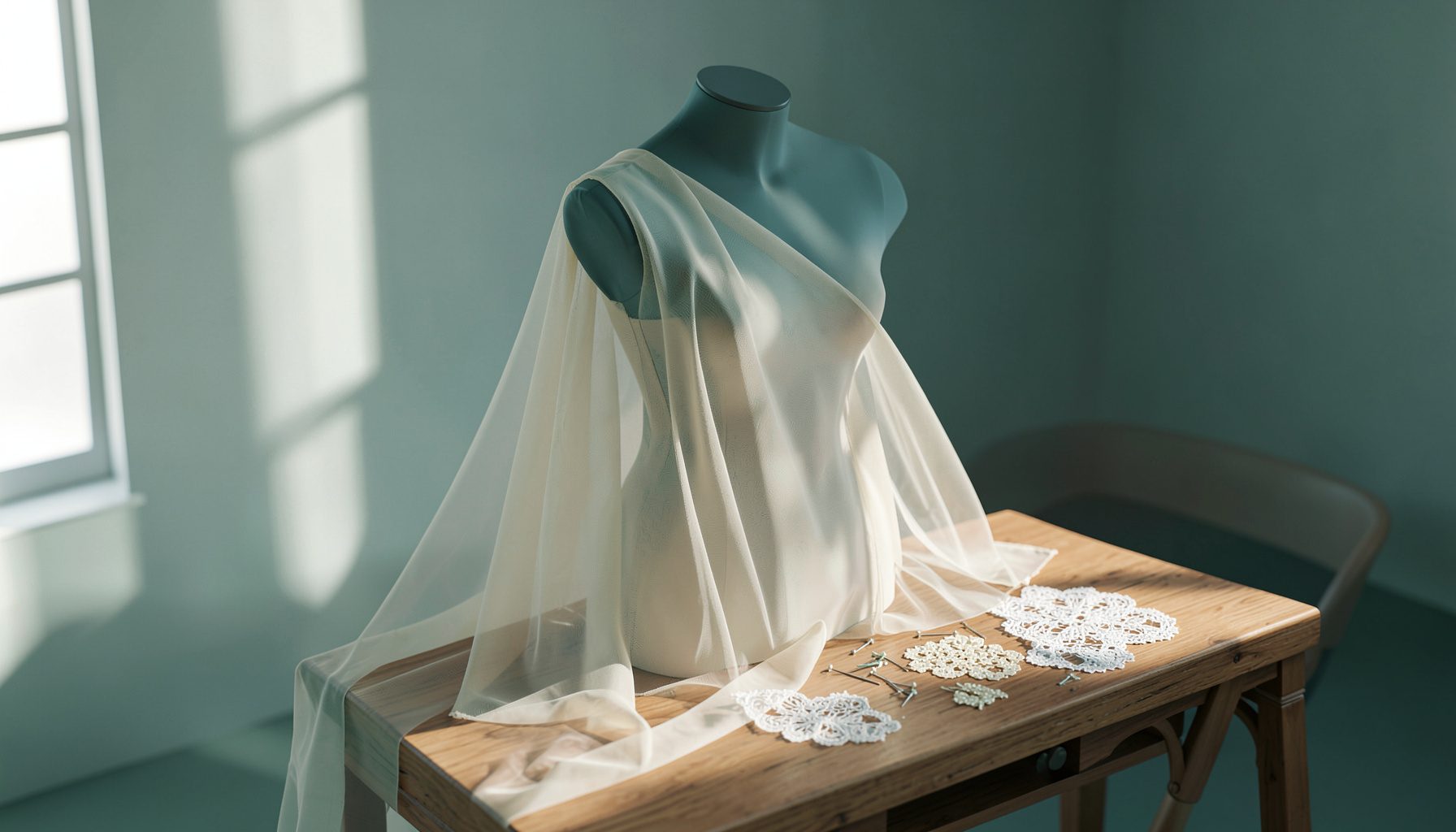 Soft ivory tulle draping across a dress form in a sunlit studio, with scattered lace appliqués and pins on a wooden worktable.