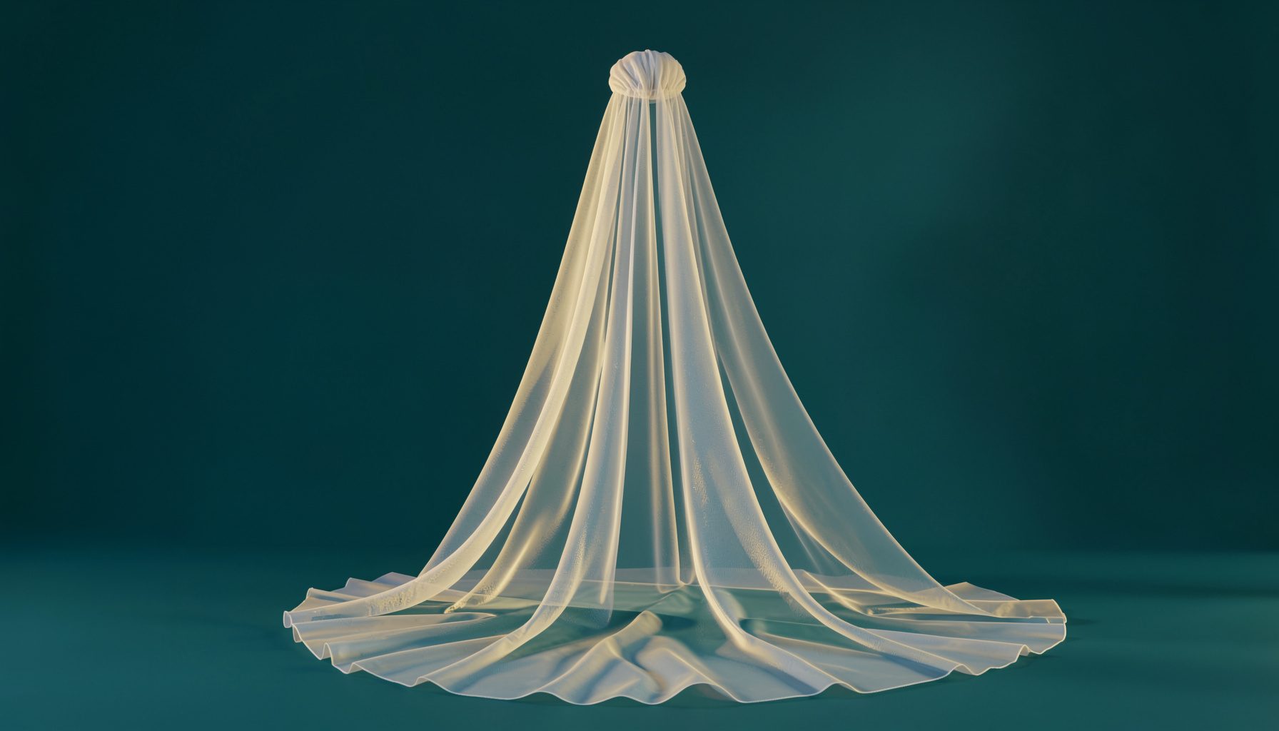 A soft sheer cathedral-length veil cascading from a low chignon, its delicate tulle pooling gently on the floor in warm natural light