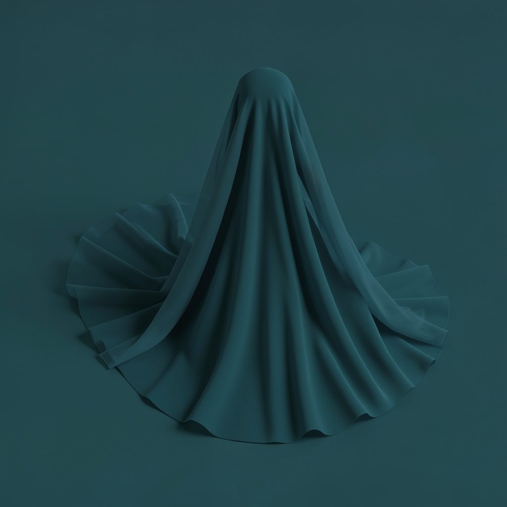 Sheer tulle draped as a shawl around the outer arms, flowing behind in a soft cathedral train