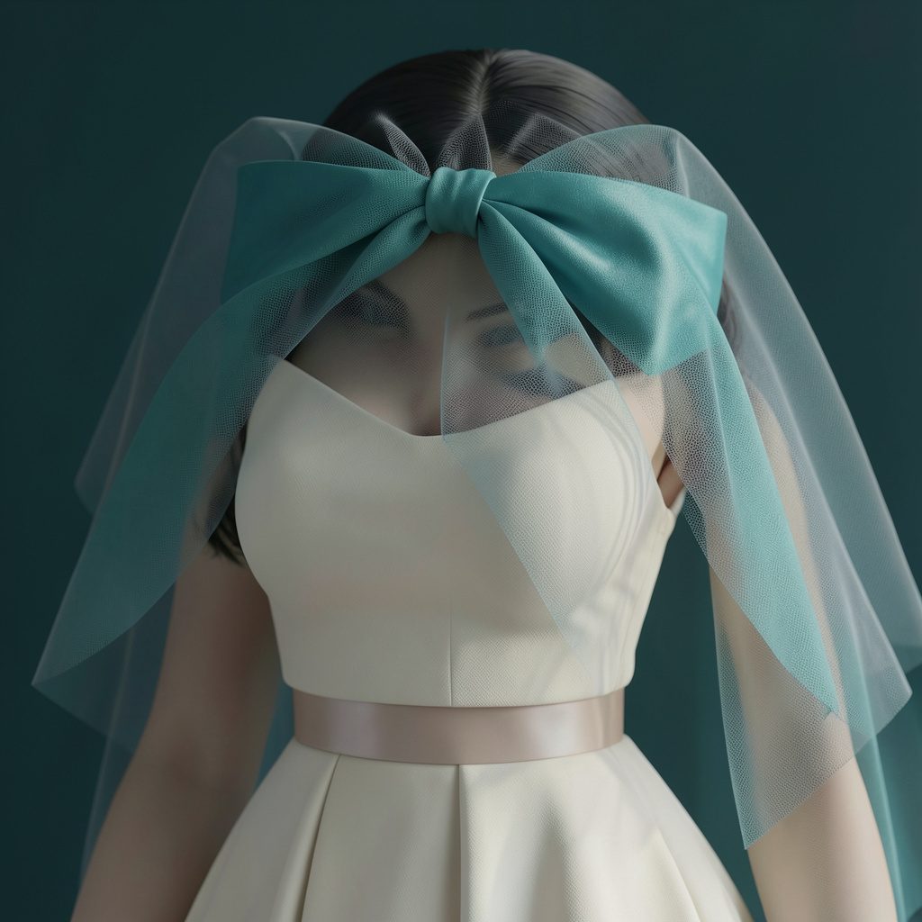 Close view of the soft silken tulle wrap veil styled as a bandeau crop over an ivory gown, the sheer fabric catching soft natural light