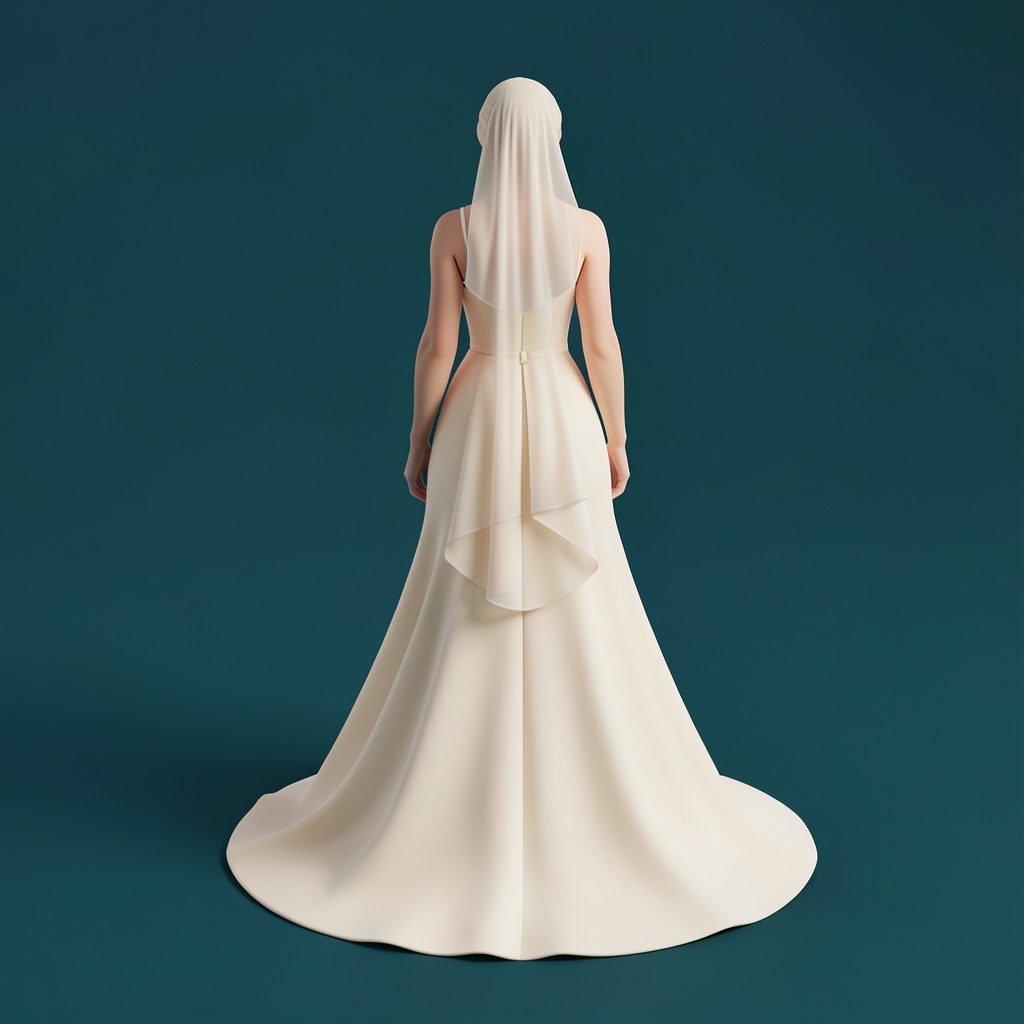 Bride from behind, cathedral veil flowing in two tiers down the back of a fitted gown, soft cream tones